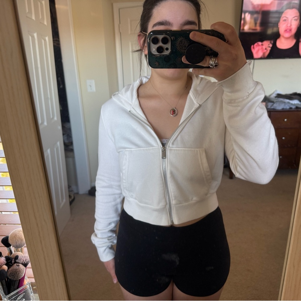 White Cropped Zip-Up Hoodie